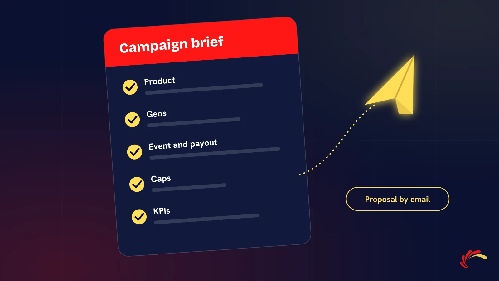 A campaign brief checklist with product, geos, event and payout, caps and KPIs, sent off as a paper plane